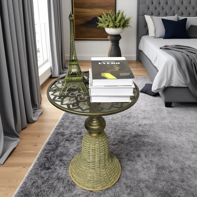 Intricate Floral Metal & Handcrafted Rattan Coffee Table