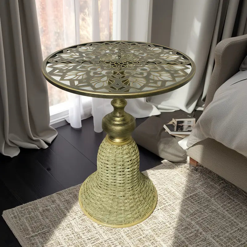 Intricate Floral Metal & Handcrafted Rattan Coffee Table