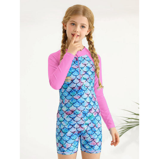 Girls Mermaid One Piece Rash Guard Swimsuits