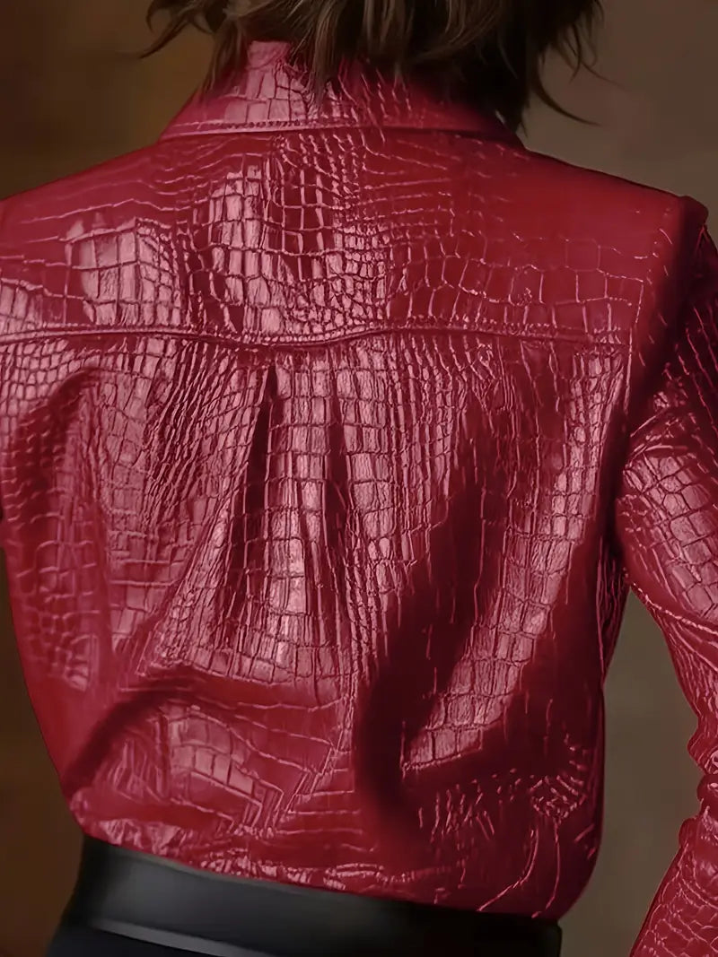 PUPU Crocodile Embossed Vegan Leather Blouse