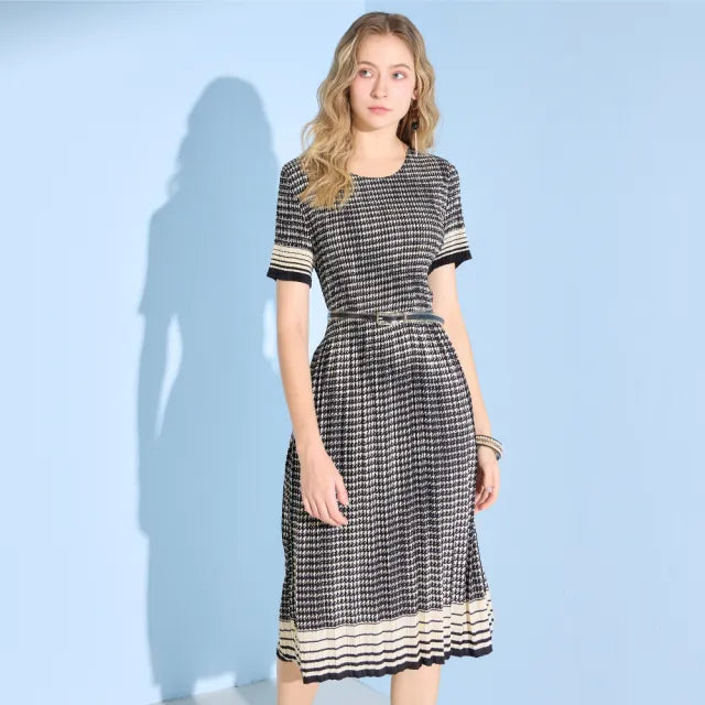 Houndstooth Pleated Midi Dress