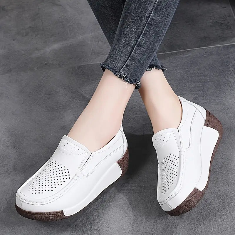 Lightweight Cowhide Leather Slip-On Platform Loafers