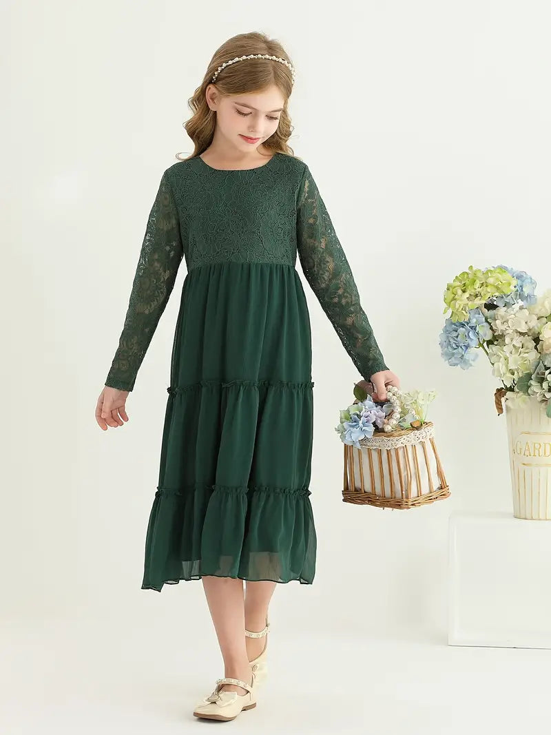 Lace Trim Long Sleeve Ruffle Dresses