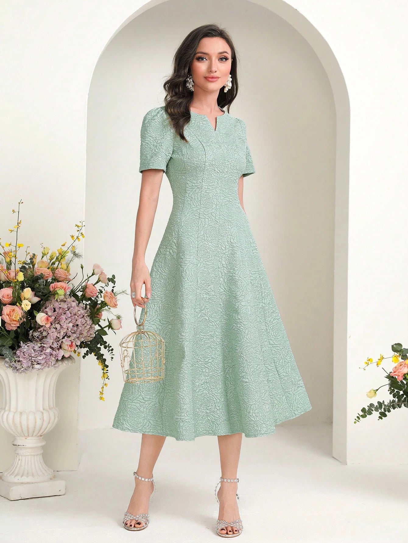 MODELYN Floral Jacquard Notched Neck Short Sleeve Midi Dress