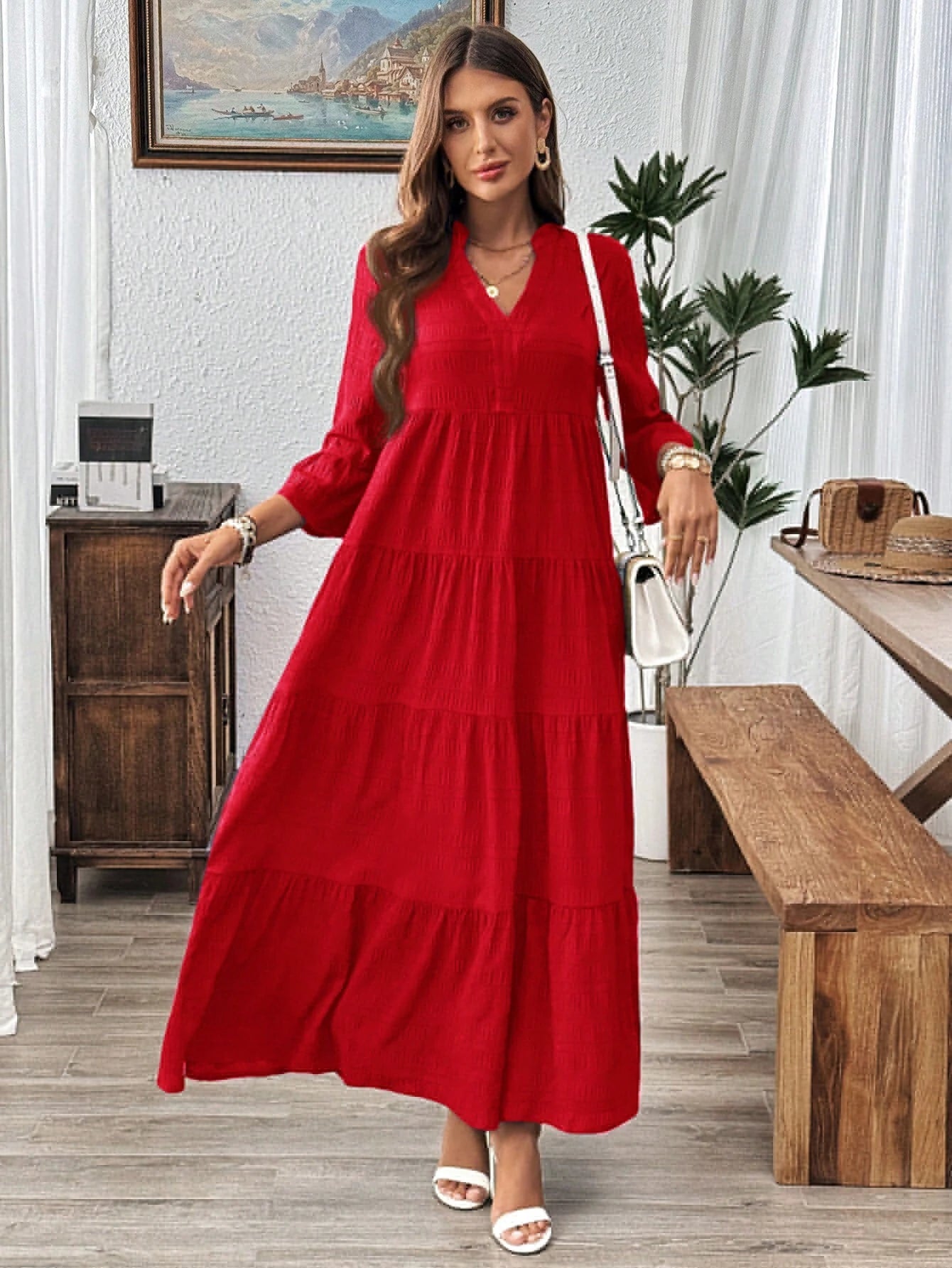 Emery Rose Ruffle Hem Polyester Maxi Dress