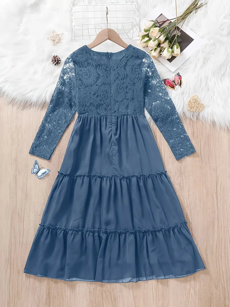 Lace Trim Long Sleeve Ruffle Dresses