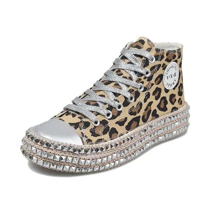 Leopard Print and Black Bling Canvas Shoes