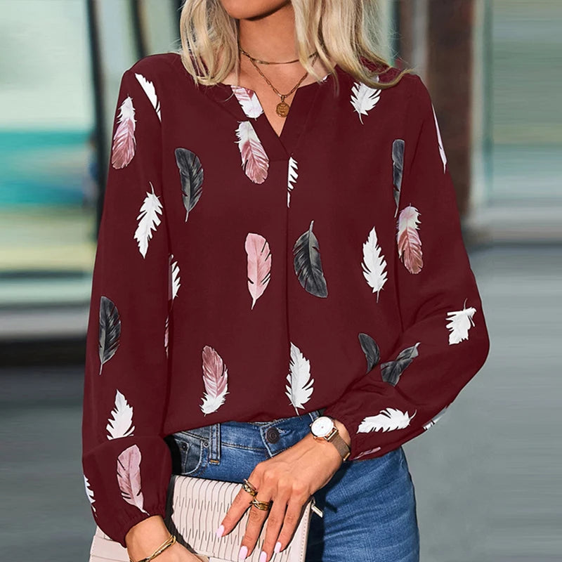 Feather Notched Neck Bishop Sleeve Blouses
