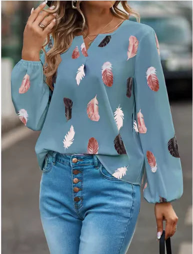 Feather Notched Neck Bishop Sleeve Blouses