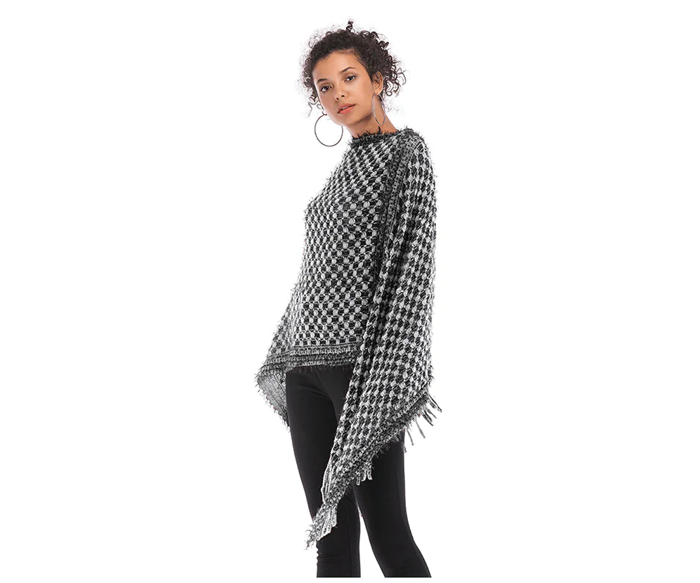 Fringed Houndstooth Poncho