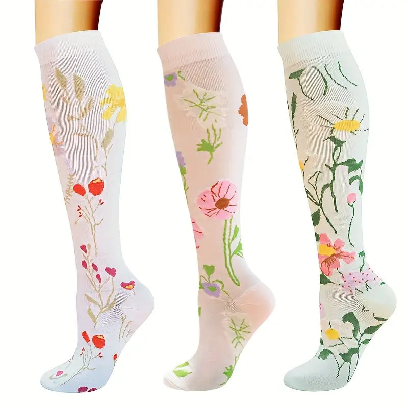 Breathable Knee High Floral Compression Socks
