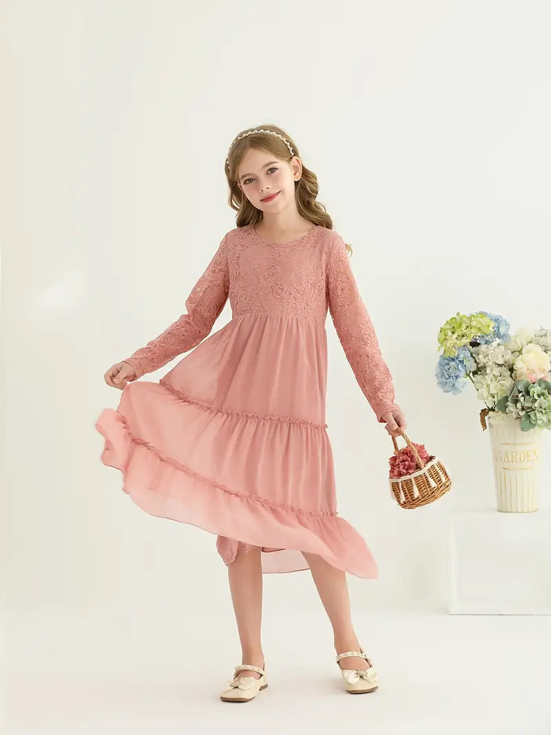 Lace Trim Long Sleeve Ruffle Dresses