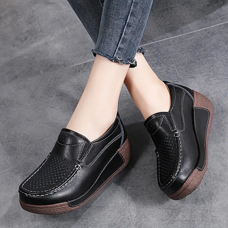Lightweight Cowhide Leather Slip-On Platform Loafers