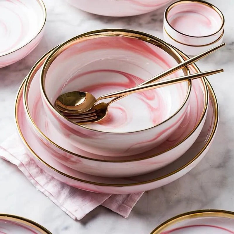 CasaVero's Pink Marble Gold Rim Dinnerware