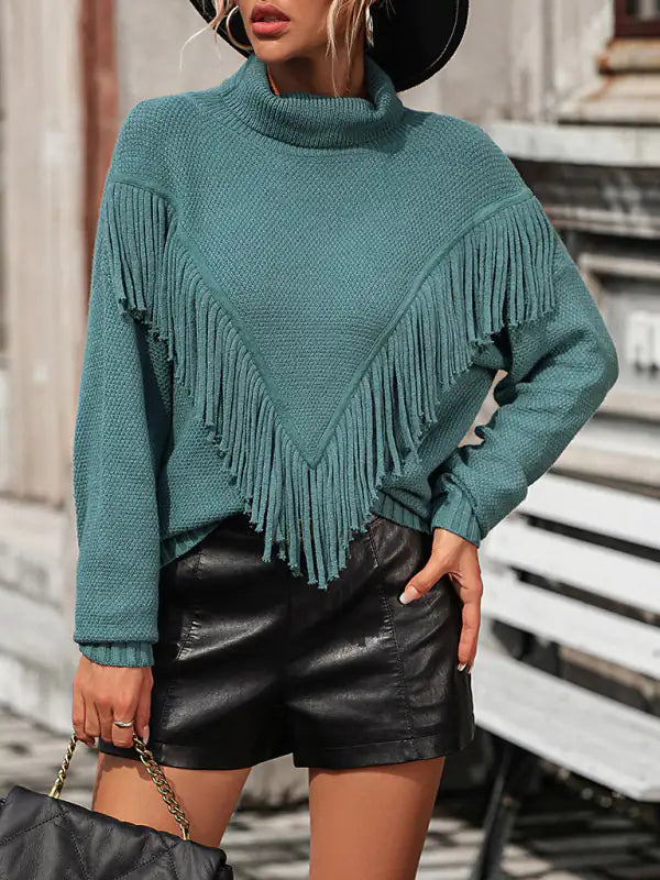 Fringed Turtleneck Knitted Sweater