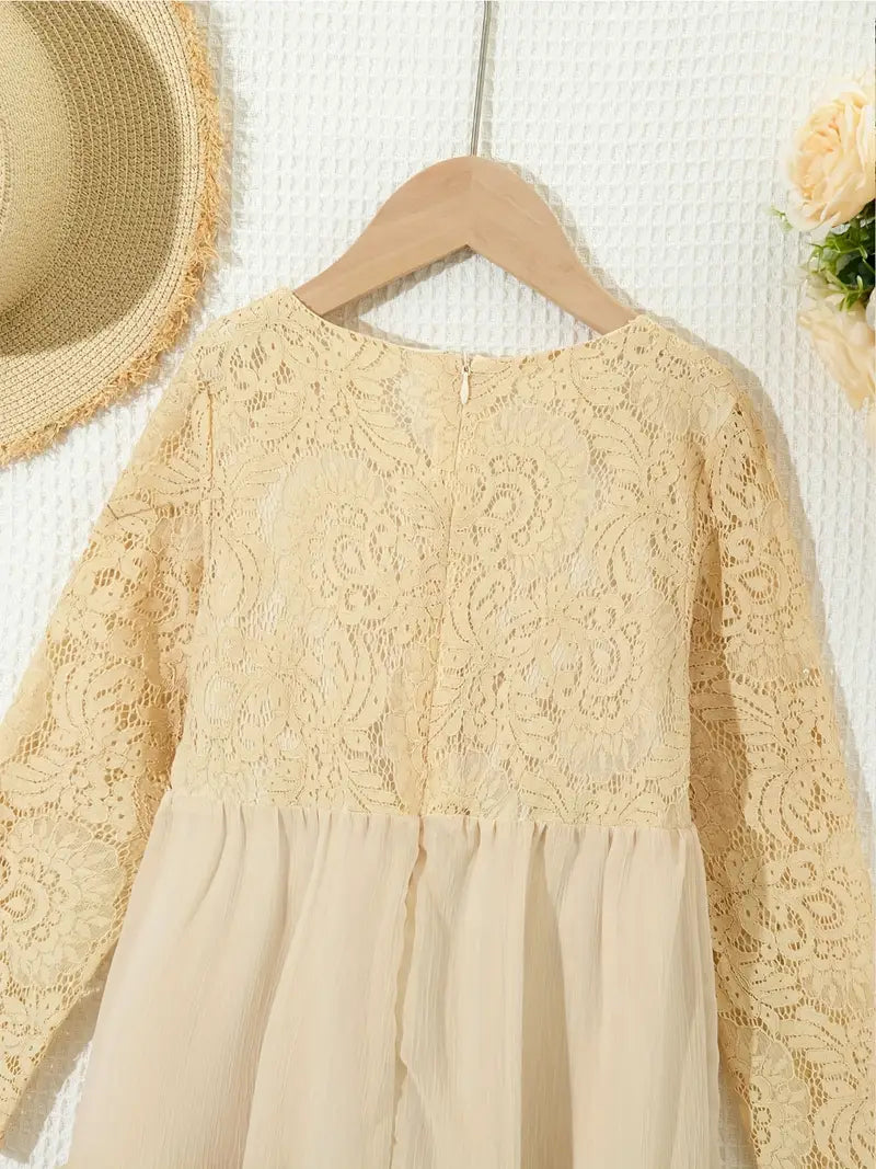 Lace Trim Long Sleeve Ruffle Dresses