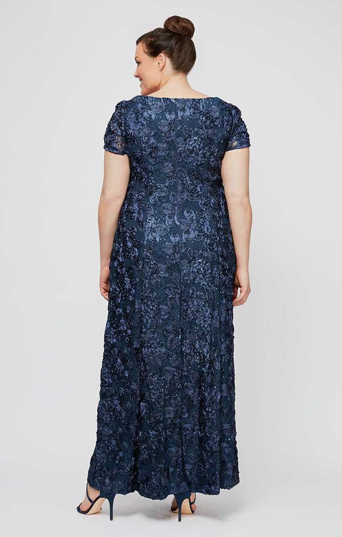 Alex Evenings Embellished Rosette Lace A-Line Evening Dress