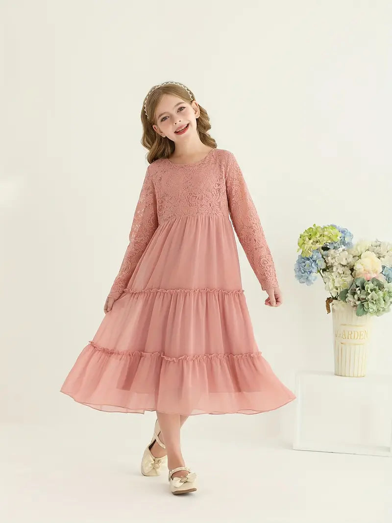 Lace Trim Long Sleeve Ruffle Dresses