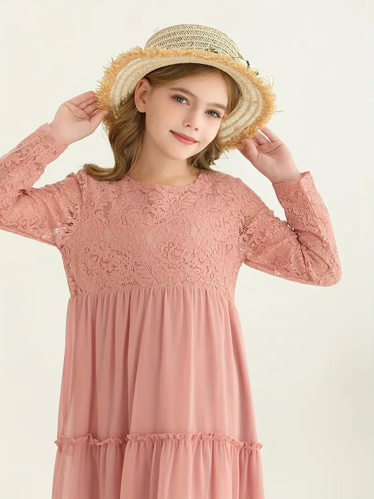 Lace Trim Long Sleeve Ruffle Dresses
