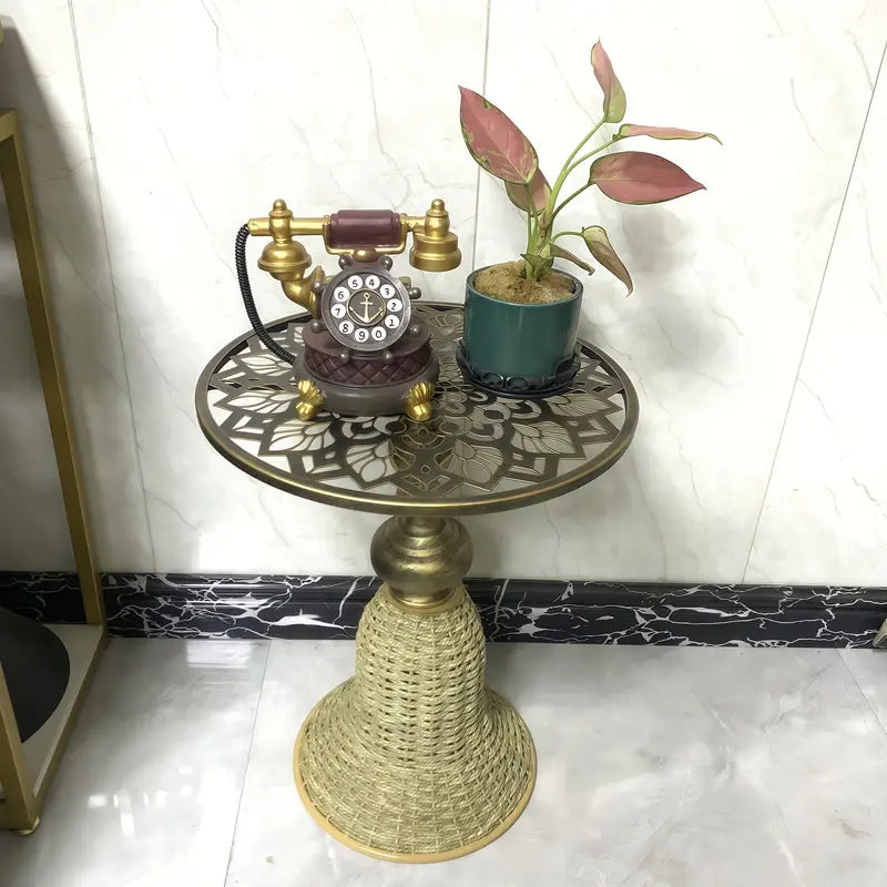 Intricate Floral Metal & Handcrafted Rattan Coffee Table