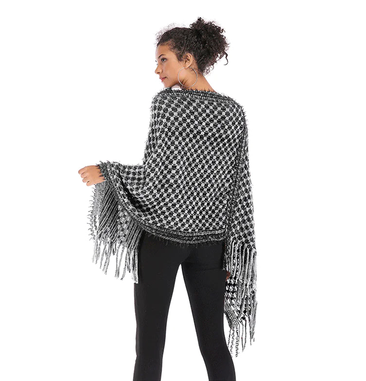 Fringed Houndstooth Poncho