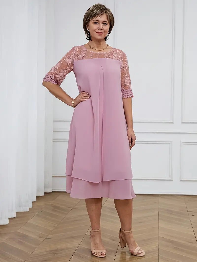 Plus Size Embroidered Chiffon Midi Dress