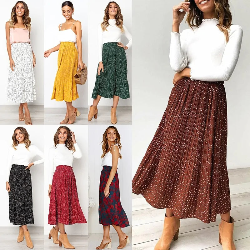 Polka Dot Elastic High Waist Pleated Midi Skirts