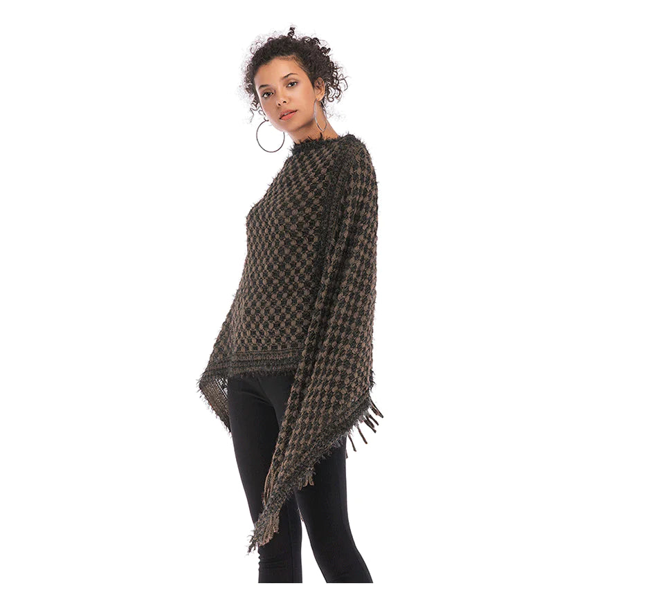 Fringed Houndstooth Poncho