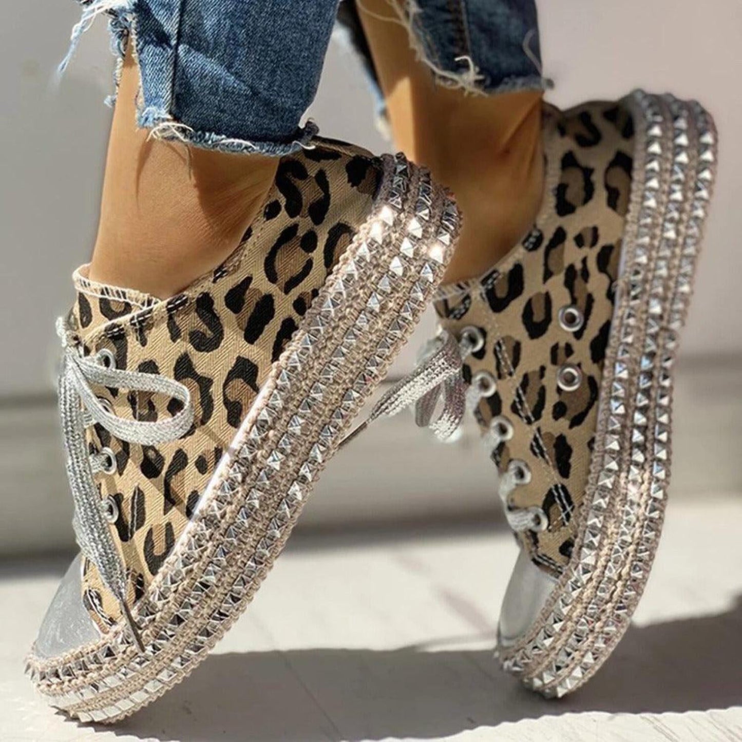 Leopard Print and Black Bling Canvas Shoes