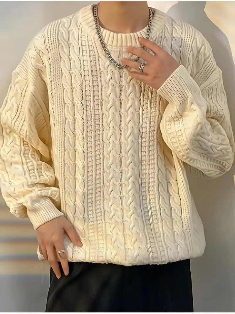 Cozy Geometric Plus Size Acrylic Aran Crew Neck Sweater
