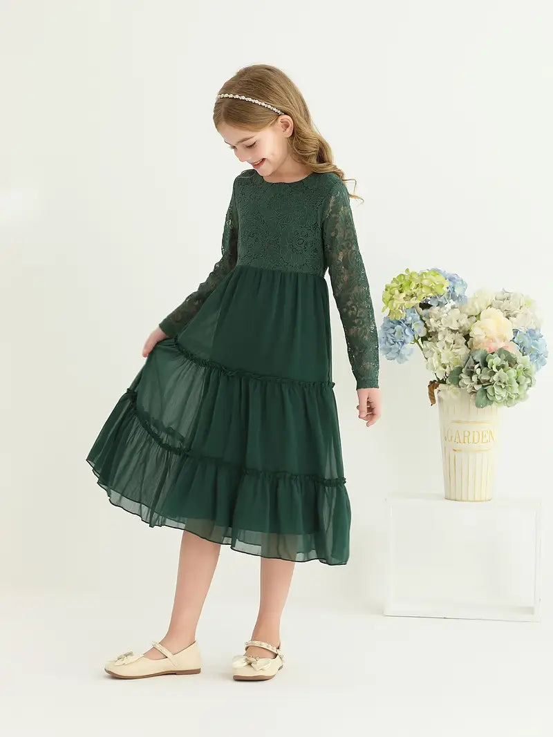 Lace Trim Long Sleeve Ruffle Dresses