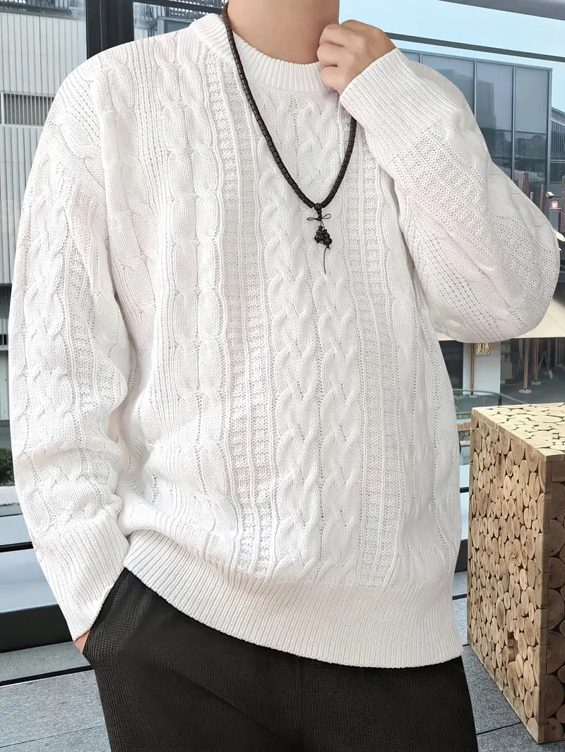 Cozy Geometric Plus Size Acrylic Aran Crew Neck Sweater