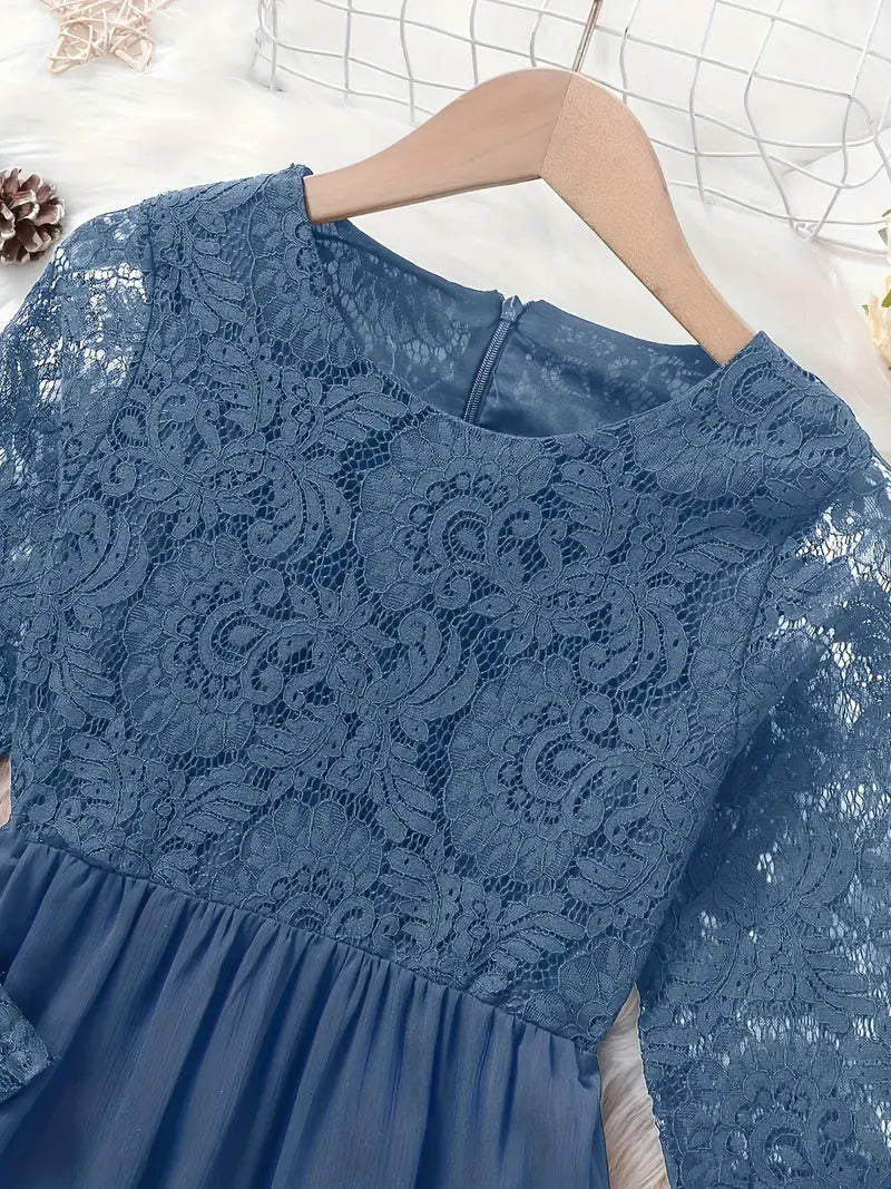 Lace Trim Long Sleeve Ruffle Dresses