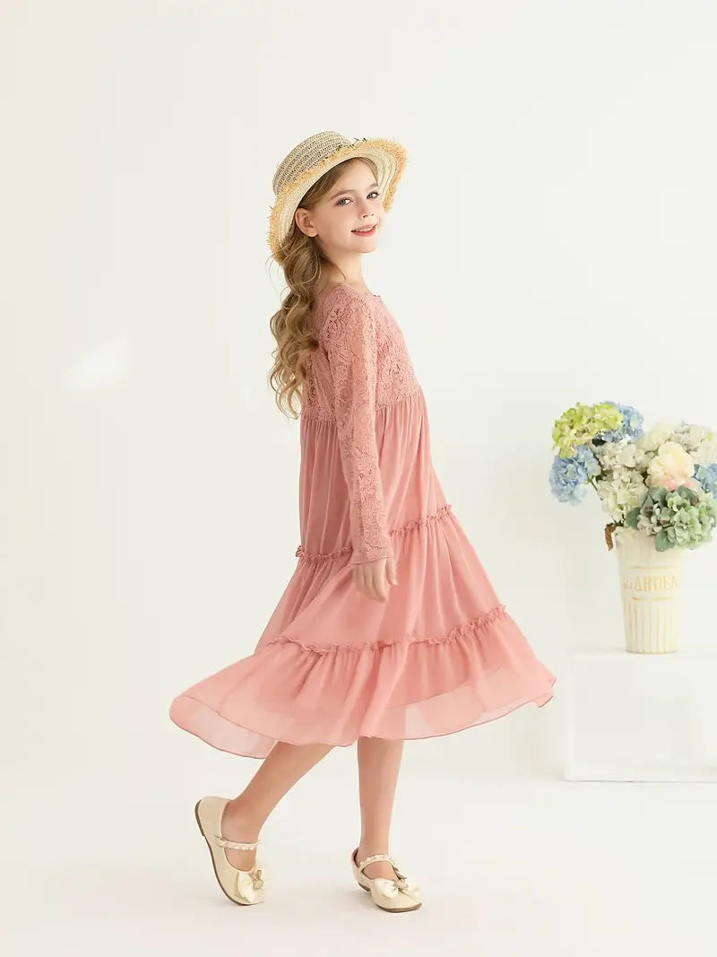 Lace Trim Long Sleeve Ruffle Dresses