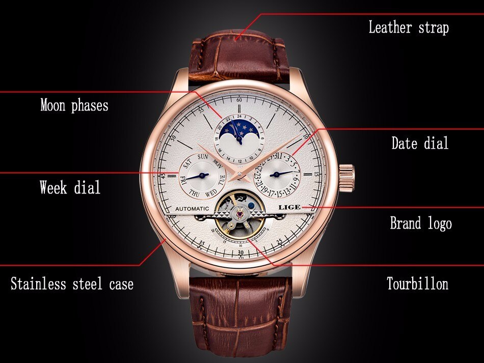 LIGE Belmont Automatic Mechanical Tourbillon Waterproof Watches