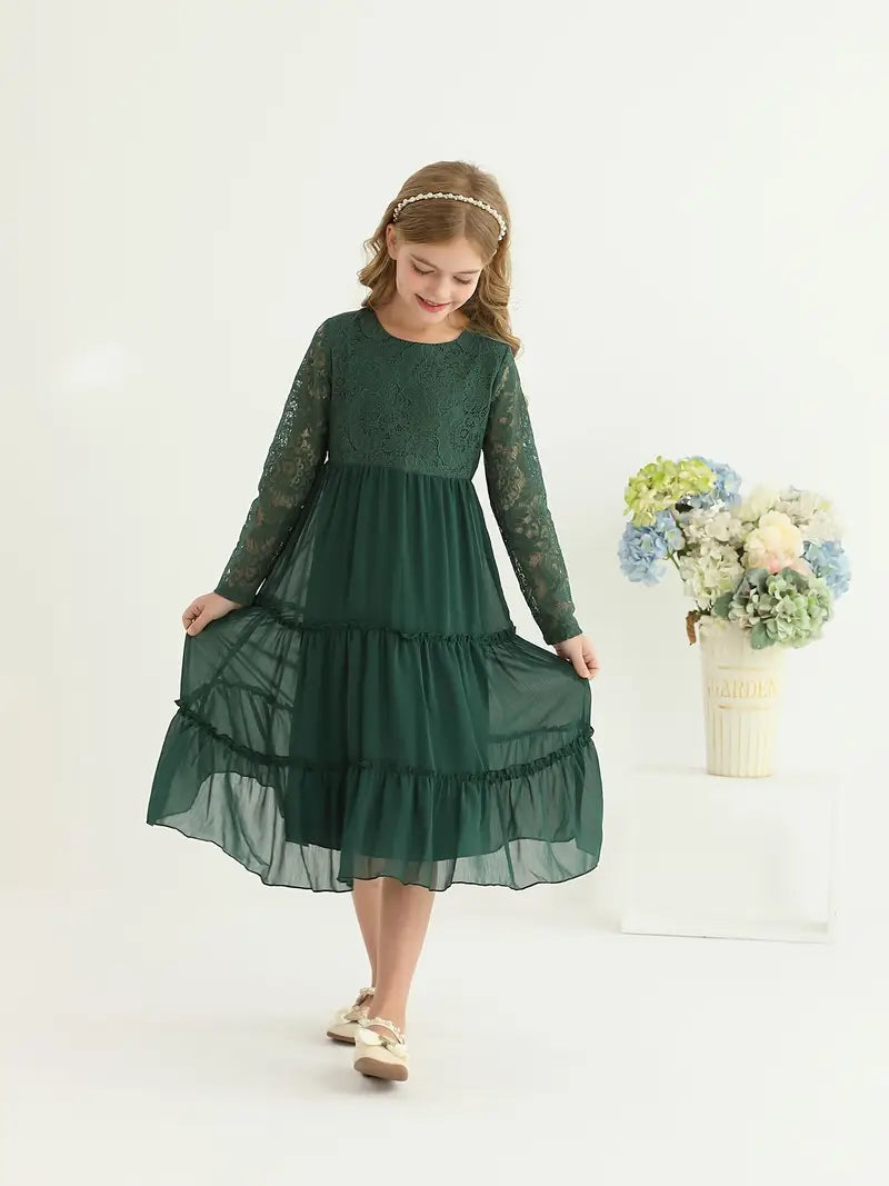 Lace Trim Long Sleeve Ruffle Dresses
