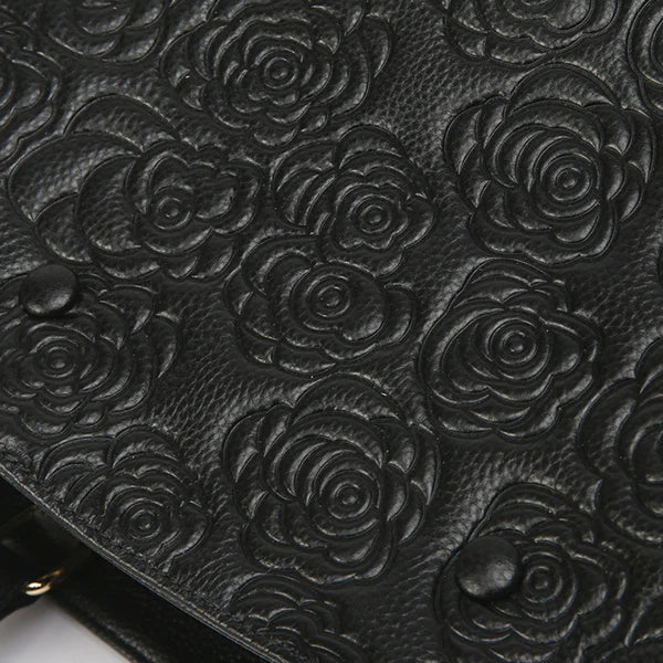 Floral Embossed Genuine Leather Handbag
