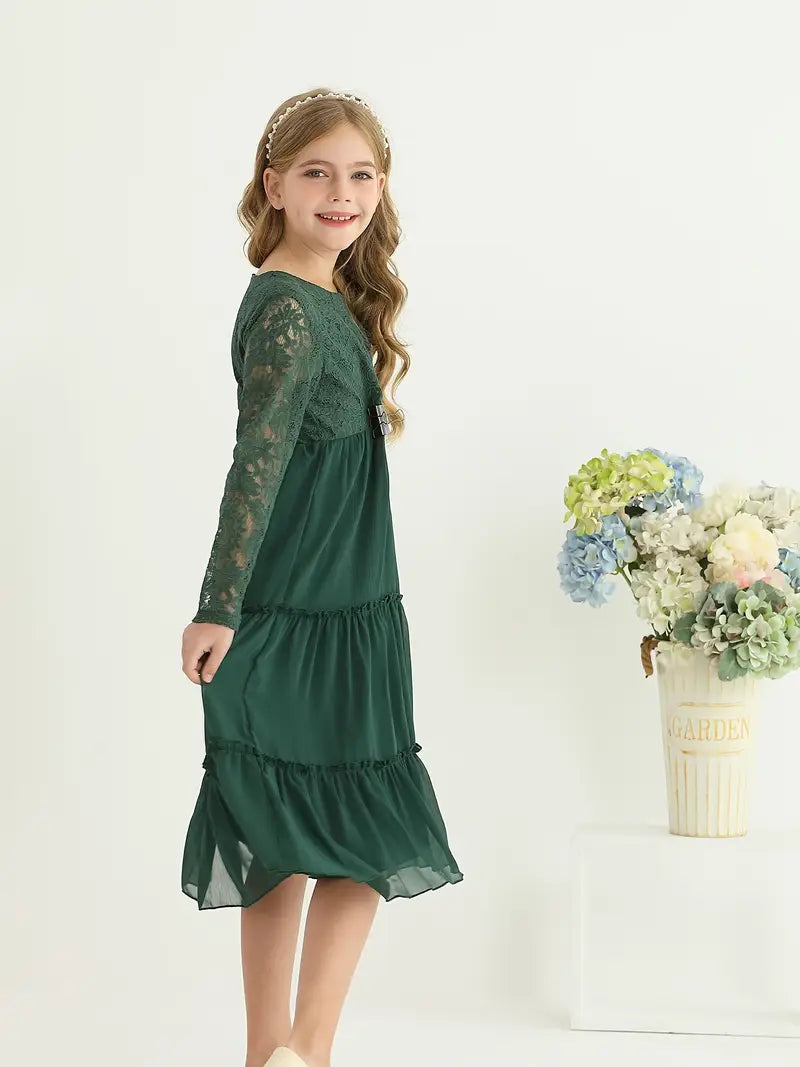 Lace Trim Long Sleeve Ruffle Dresses