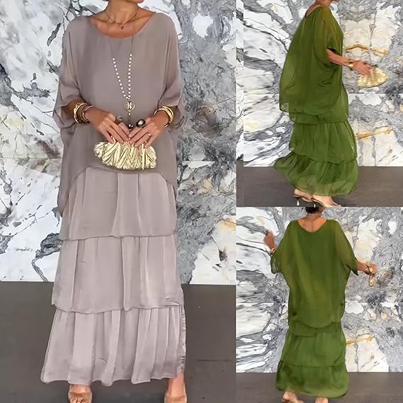 Zocania Layered Chiffon Batwing Maxi Dresses