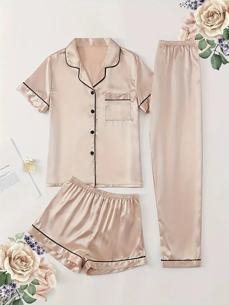 Satin Casual 3 Piece Pajama Sets