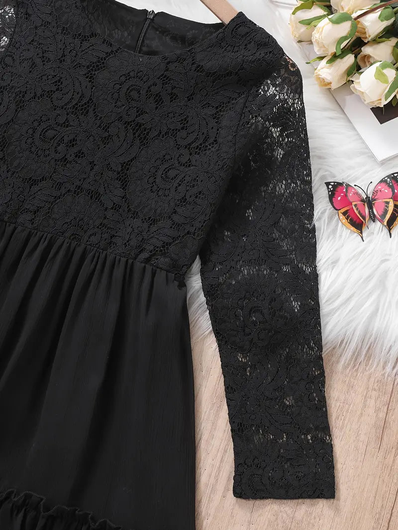 Lace Trim Long Sleeve Ruffle Dresses