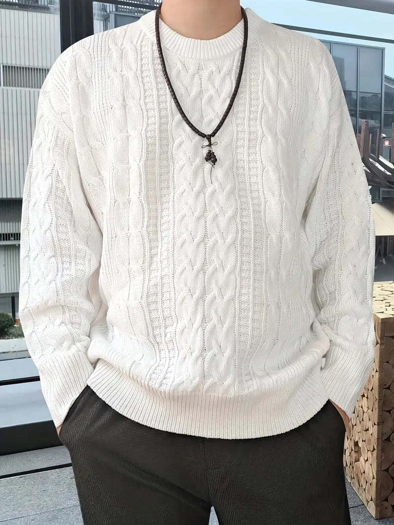 Cozy Geometric Plus Size Acrylic Aran Crew Neck Sweater