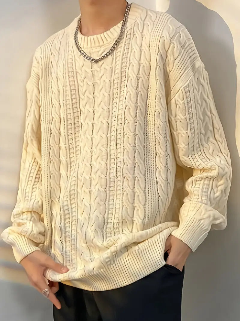 Cozy Geometric Plus Size Acrylic Aran Crew Neck Sweater
