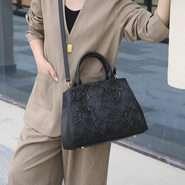Floral Embossed Genuine Leather Handbag