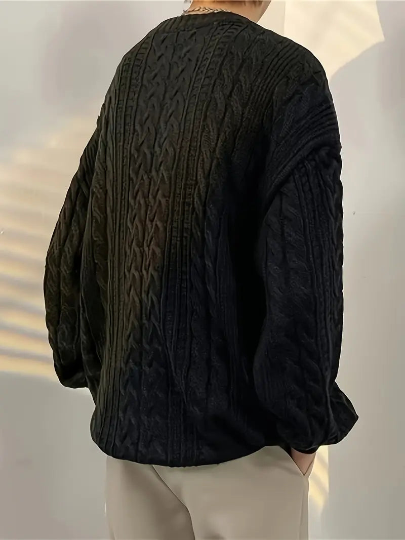 Cozy Geometric Plus Size Acrylic Aran Crew Neck Sweater