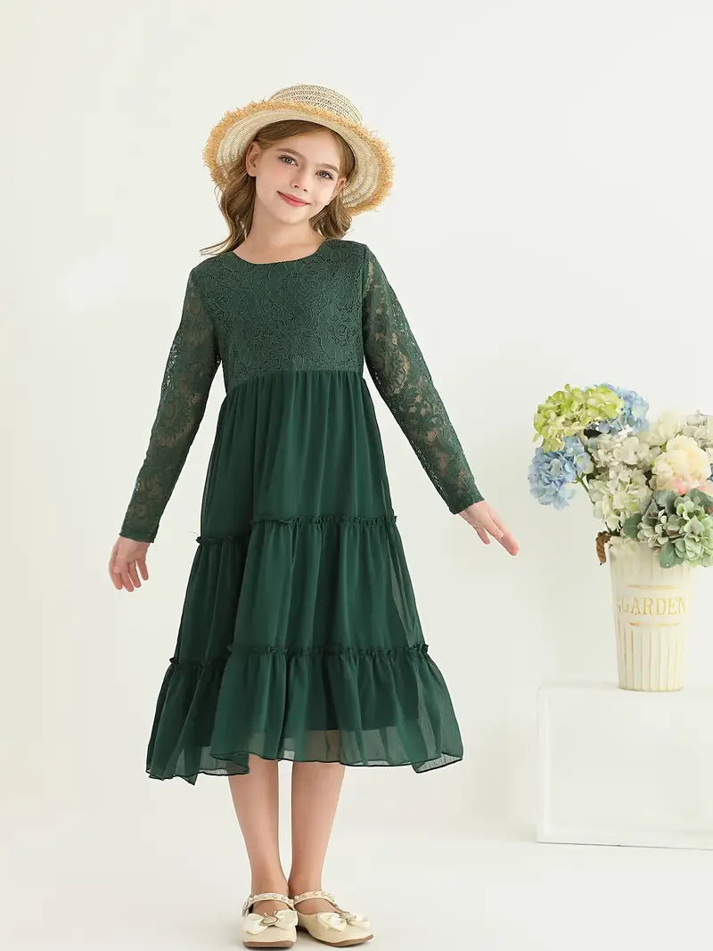 Lace Trim Long Sleeve Ruffle Dresses