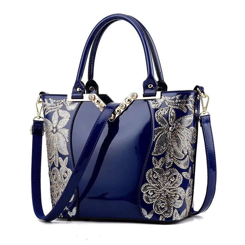 Luxury Sequin Embroidery Patent Leather Handbag