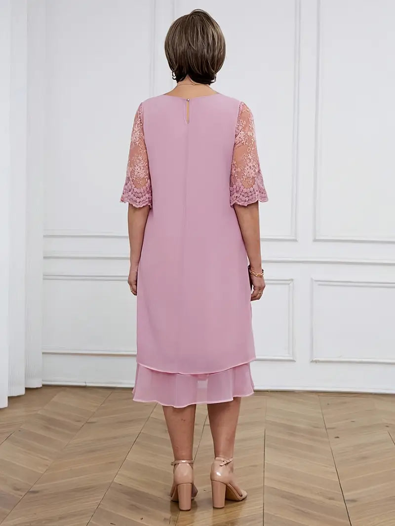 Plus Size Embroidered Chiffon Midi Dress