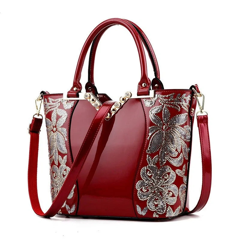 Luxury Sequin Embroidery Patent Leather Handbag