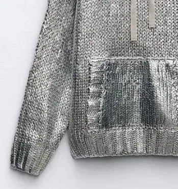 WOLFF Metallic Silver Hoodie Knit Sweater